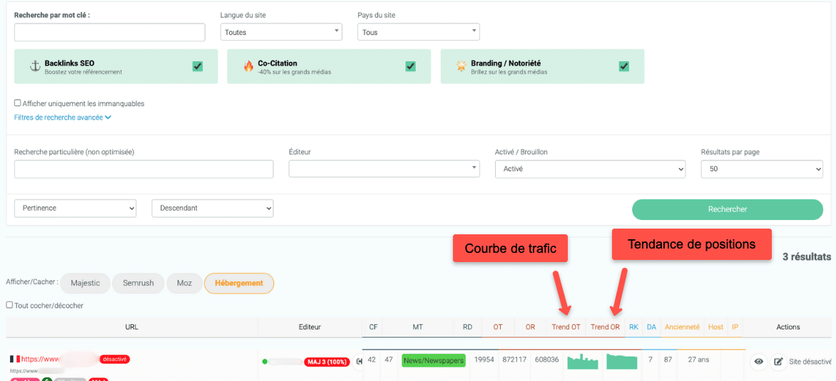 courbe trafic tendance positions recherche develink