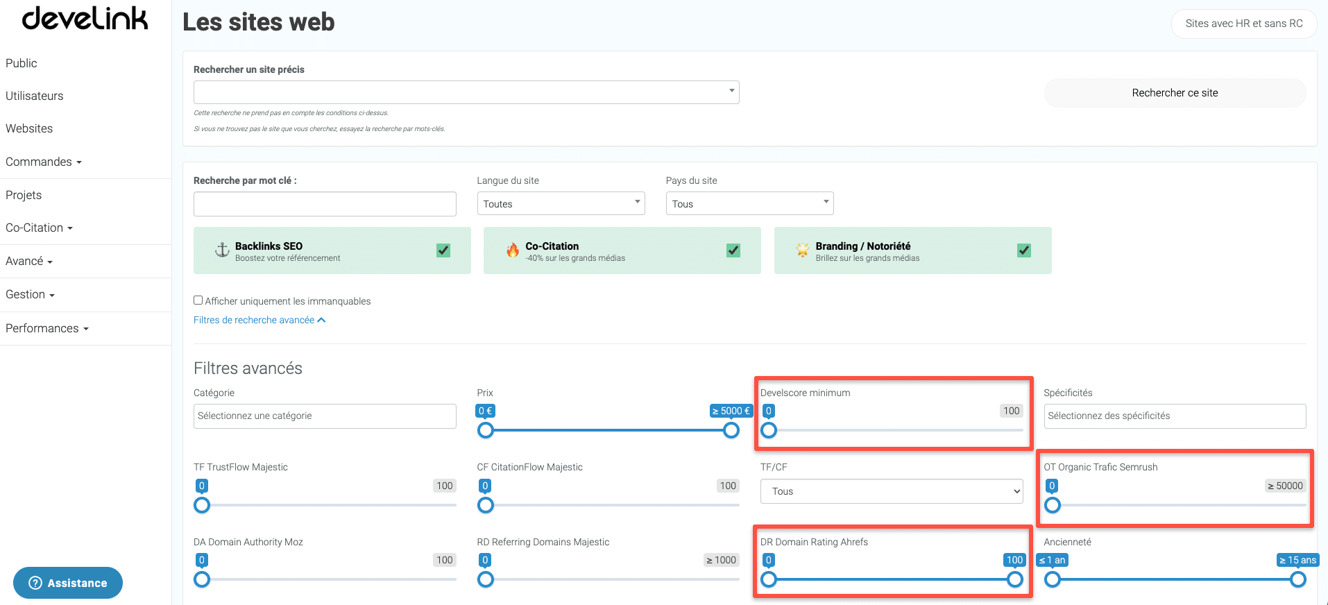 écran de recherche de backlinks sur develink